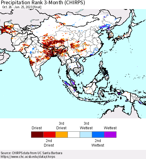Asia Precipitation Rank since 1981, 3-Month (CHIRPS) Thematic Map For 10/26/2022 - 1/25/2023