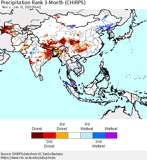 Asia Precipitation Rank since 1981, 3-Month (CHIRPS) Thematic Map For 11/1/2022 - 1/31/2023