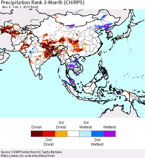 Asia Precipitation Rank since 1981, 3-Month (CHIRPS) Thematic Map For 11/6/2022 - 2/5/2023