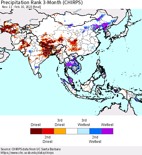 Asia Precipitation Rank since 1981, 3-Month (CHIRPS) Thematic Map For 11/11/2022 - 2/10/2023