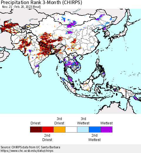 Asia Precipitation Rank since 1981, 3-Month (CHIRPS) Thematic Map For 11/21/2022 - 2/20/2023