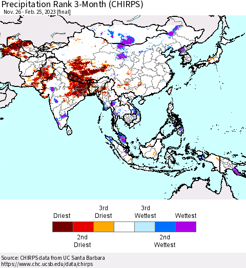 Asia Precipitation Rank since 1981, 3-Month (CHIRPS) Thematic Map For 11/26/2022 - 2/25/2023