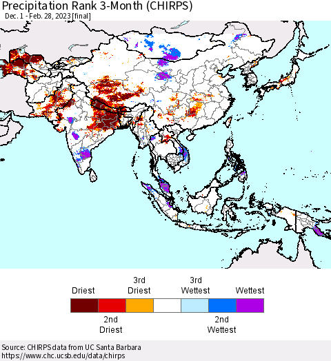 Asia Precipitation Rank since 1981, 3-Month (CHIRPS) Thematic Map For 12/1/2022 - 2/28/2023