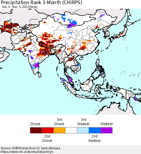 Asia Precipitation Rank since 1981, 3-Month (CHIRPS) Thematic Map For 12/6/2022 - 3/5/2023