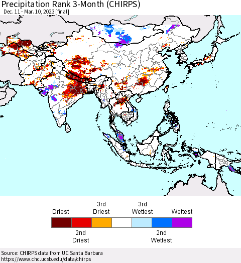 Asia Precipitation Rank since 1981, 3-Month (CHIRPS) Thematic Map For 12/11/2022 - 3/10/2023