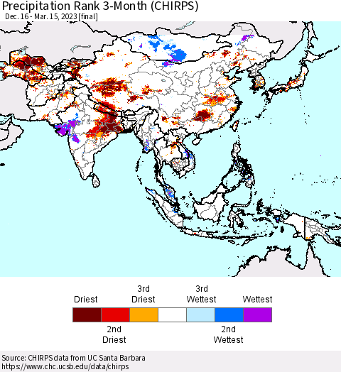 Asia Precipitation Rank since 1981, 3-Month (CHIRPS) Thematic Map For 12/16/2022 - 3/15/2023