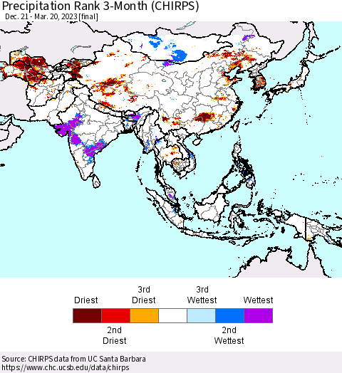 Asia Precipitation Rank since 1981, 3-Month (CHIRPS) Thematic Map For 12/21/2022 - 3/20/2023