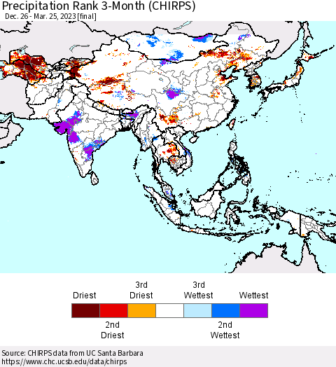 Asia Precipitation Rank since 1981, 3-Month (CHIRPS) Thematic Map For 12/26/2022 - 3/25/2023