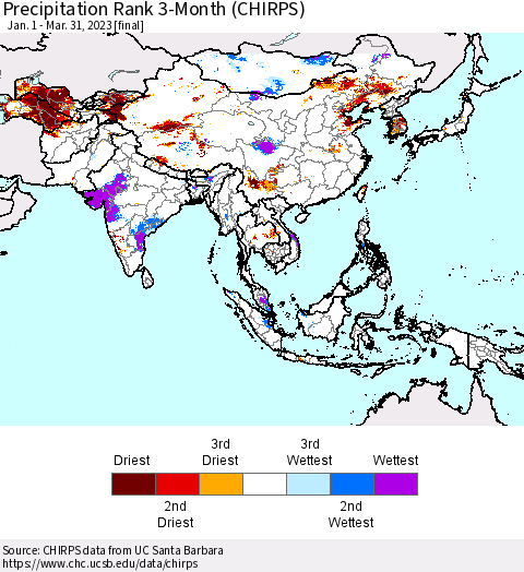Asia Precipitation Rank since 1981, 3-Month (CHIRPS) Thematic Map For 1/1/2023 - 3/31/2023