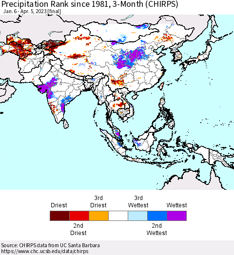Asia Precipitation Rank since 1981, 3-Month (CHIRPS) Thematic Map For 1/6/2023 - 4/5/2023