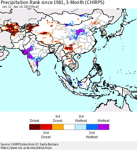Asia Precipitation Rank since 1981, 3-Month (CHIRPS) Thematic Map For 1/11/2023 - 4/10/2023