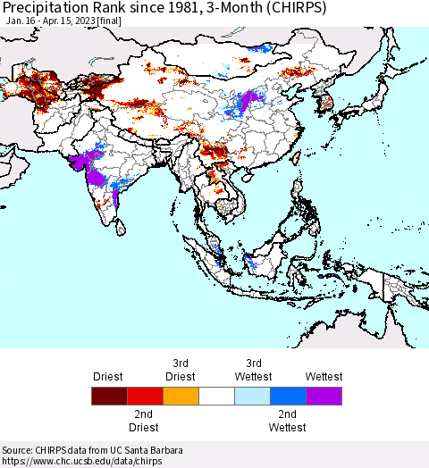 Asia Precipitation Rank since 1981, 3-Month (CHIRPS) Thematic Map For 1/16/2023 - 4/15/2023