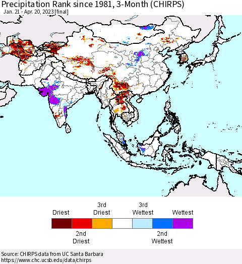 Asia Precipitation Rank since 1981, 3-Month (CHIRPS) Thematic Map For 1/21/2023 - 4/20/2023