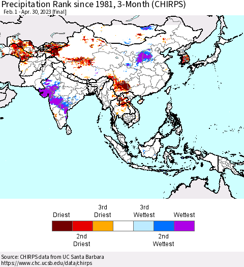 Asia Precipitation Rank since 1981, 3-Month (CHIRPS) Thematic Map For 2/1/2023 - 4/30/2023