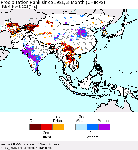 Asia Precipitation Rank since 1981, 3-Month (CHIRPS) Thematic Map For 2/6/2023 - 5/5/2023