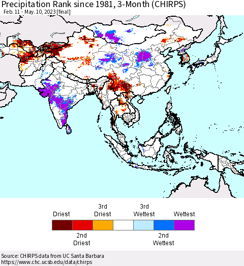 Asia Precipitation Rank since 1981, 3-Month (CHIRPS) Thematic Map For 2/11/2023 - 5/10/2023