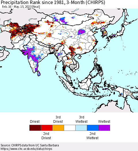Asia Precipitation Rank since 1981, 3-Month (CHIRPS) Thematic Map For 2/16/2023 - 5/15/2023