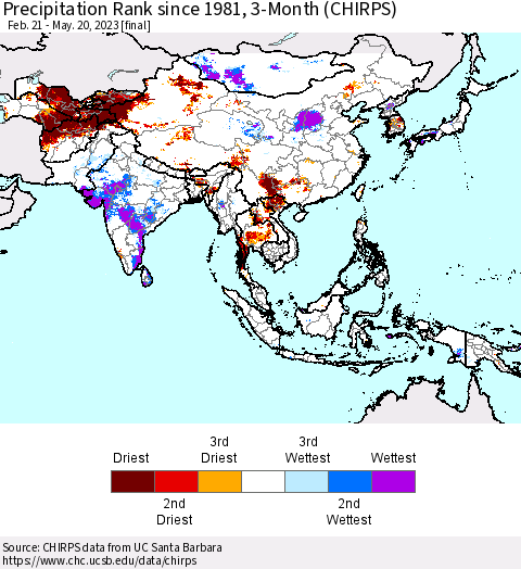 Asia Precipitation Rank since 1981, 3-Month (CHIRPS) Thematic Map For 2/21/2023 - 5/20/2023