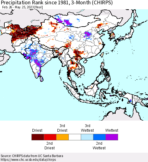 Asia Precipitation Rank since 1981, 3-Month (CHIRPS) Thematic Map For 2/26/2023 - 5/25/2023