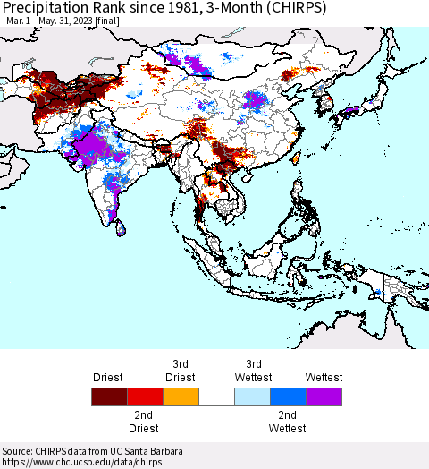 Asia Precipitation Rank since 1981, 3-Month (CHIRPS) Thematic Map For 3/1/2023 - 5/31/2023