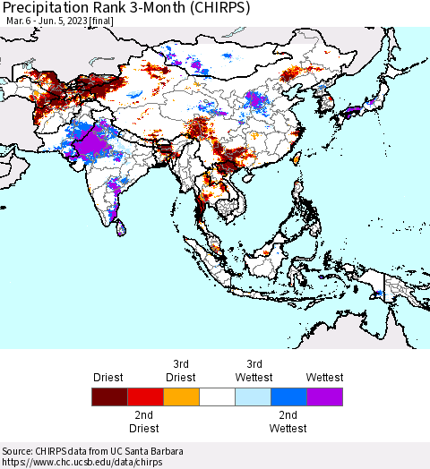 Asia Precipitation Rank since 1981, 3-Month (CHIRPS) Thematic Map For 3/6/2023 - 6/5/2023