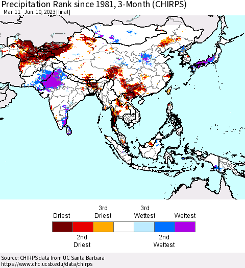 Asia Precipitation Rank since 1981, 3-Month (CHIRPS) Thematic Map For 3/11/2023 - 6/10/2023
