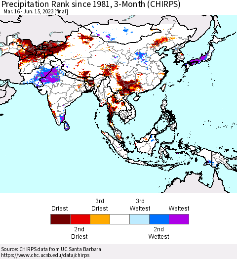 Asia Precipitation Rank since 1981, 3-Month (CHIRPS) Thematic Map For 3/16/2023 - 6/15/2023