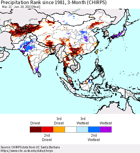 Asia Precipitation Rank since 1981, 3-Month (CHIRPS) Thematic Map For 3/21/2023 - 6/20/2023