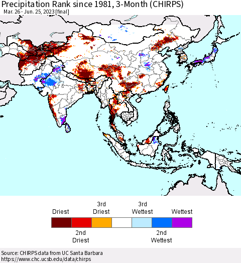 Asia Precipitation Rank since 1981, 3-Month (CHIRPS) Thematic Map For 3/26/2023 - 6/25/2023