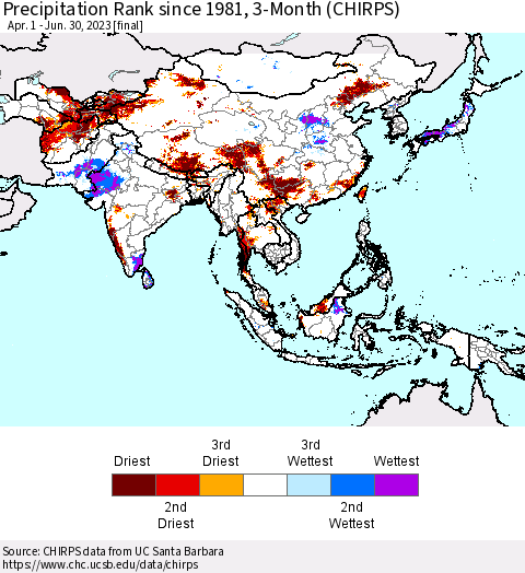 Asia Precipitation Rank since 1981, 3-Month (CHIRPS) Thematic Map For 4/1/2023 - 6/30/2023