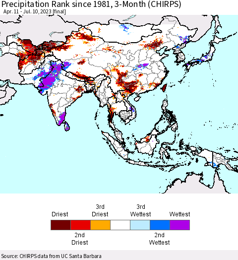 Asia Precipitation Rank since 1981, 3-Month (CHIRPS) Thematic Map For 4/11/2023 - 7/10/2023