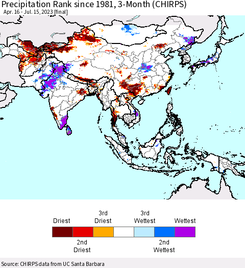 Asia Precipitation Rank since 1981, 3-Month (CHIRPS) Thematic Map For 4/16/2023 - 7/15/2023