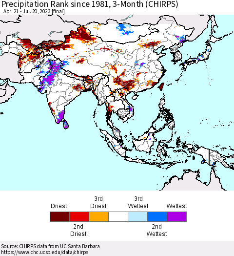 Asia Precipitation Rank since 1981, 3-Month (CHIRPS) Thematic Map For 4/21/2023 - 7/20/2023