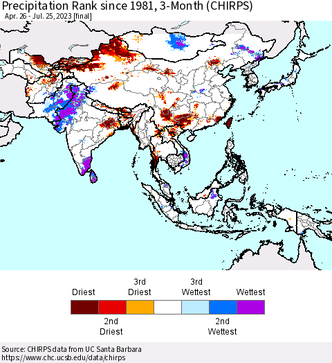 Asia Precipitation Rank since 1981, 3-Month (CHIRPS) Thematic Map For 4/26/2023 - 7/25/2023
