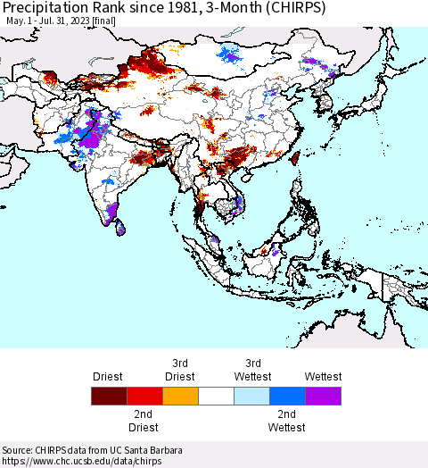 Asia Precipitation Rank since 1981, 3-Month (CHIRPS) Thematic Map For 5/1/2023 - 7/31/2023