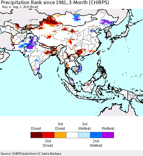 Asia Precipitation Rank since 1981, 3-Month (CHIRPS) Thematic Map For 5/6/2023 - 8/5/2023