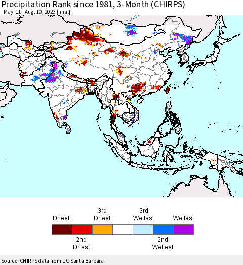 Asia Precipitation Rank since 1981, 3-Month (CHIRPS) Thematic Map For 5/11/2023 - 8/10/2023