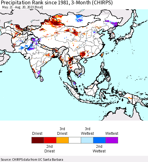 Asia Precipitation Rank since 1981, 3-Month (CHIRPS) Thematic Map For 5/21/2023 - 8/20/2023