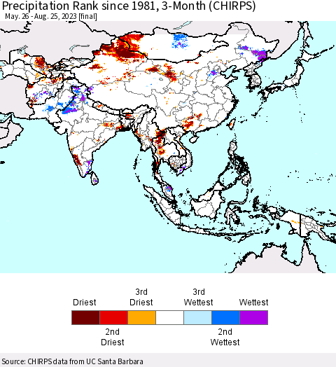 Asia Precipitation Rank since 1981, 3-Month (CHIRPS) Thematic Map For 5/26/2023 - 8/25/2023