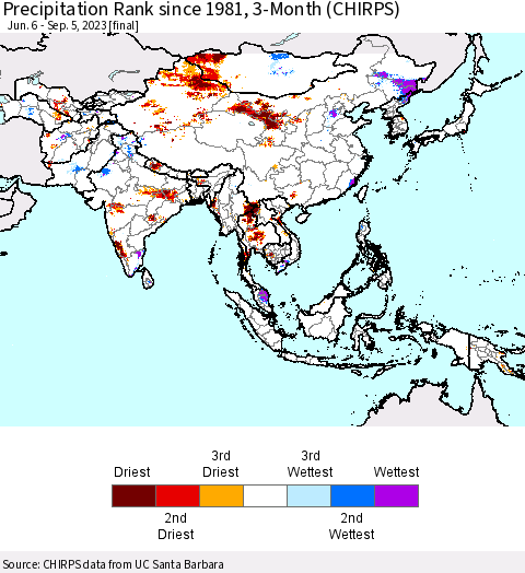 Asia Precipitation Rank since 1981, 3-Month (CHIRPS) Thematic Map For 6/6/2023 - 9/5/2023