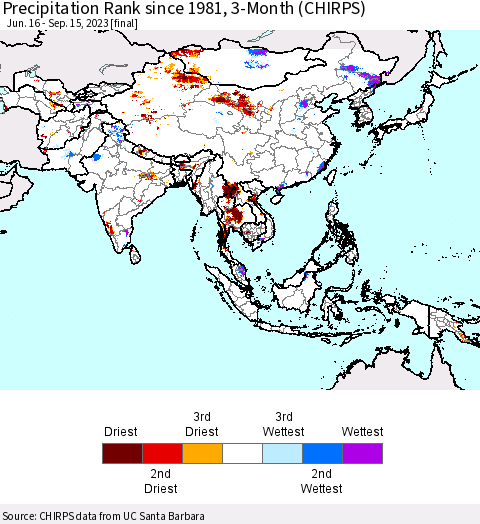 Asia Precipitation Rank since 1981, 3-Month (CHIRPS) Thematic Map For 6/16/2023 - 9/15/2023