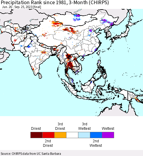 Asia Precipitation Rank since 1981, 3-Month (CHIRPS) Thematic Map For 6/26/2023 - 9/25/2023