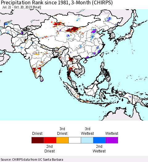 Asia Precipitation Rank since 1981, 3-Month (CHIRPS) Thematic Map For 7/21/2023 - 10/20/2023