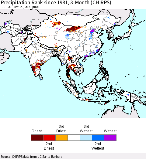 Asia Precipitation Rank since 1981, 3-Month (CHIRPS) Thematic Map For 7/26/2023 - 10/25/2023