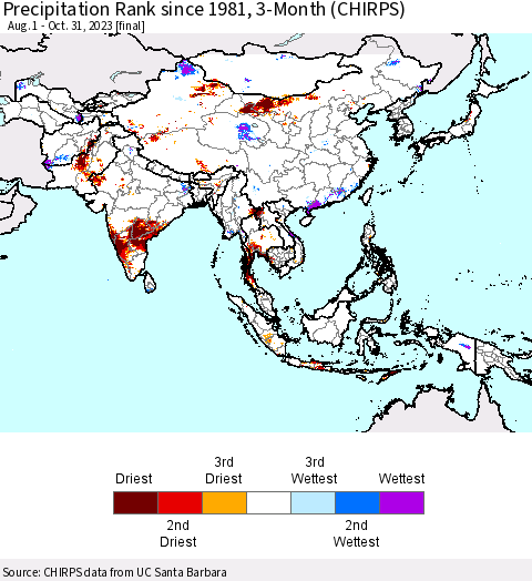Asia Precipitation Rank since 1981, 3-Month (CHIRPS) Thematic Map For 8/1/2023 - 10/31/2023