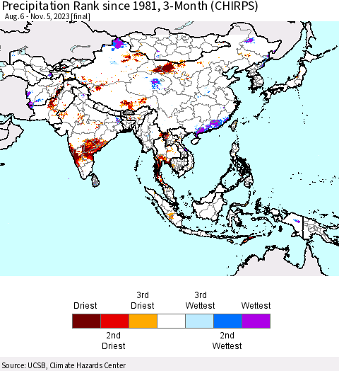 Asia Precipitation Rank since 1981, 3-Month (CHIRPS) Thematic Map For 8/6/2023 - 11/5/2023
