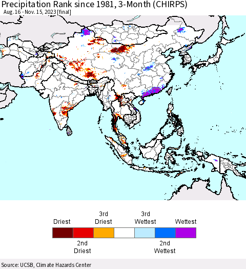 Asia Precipitation Rank since 1981, 3-Month (CHIRPS) Thematic Map For 8/16/2023 - 11/15/2023
