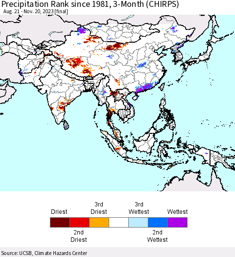 Asia Precipitation Rank since 1981, 3-Month (CHIRPS) Thematic Map For 8/21/2023 - 11/20/2023