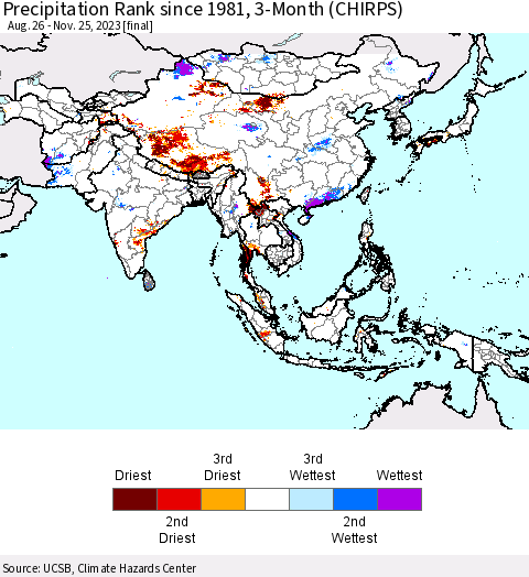 Asia Precipitation Rank since 1981, 3-Month (CHIRPS) Thematic Map For 8/26/2023 - 11/25/2023