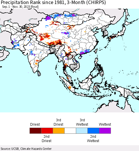 Asia Precipitation Rank since 1981, 3-Month (CHIRPS) Thematic Map For 9/1/2023 - 11/30/2023